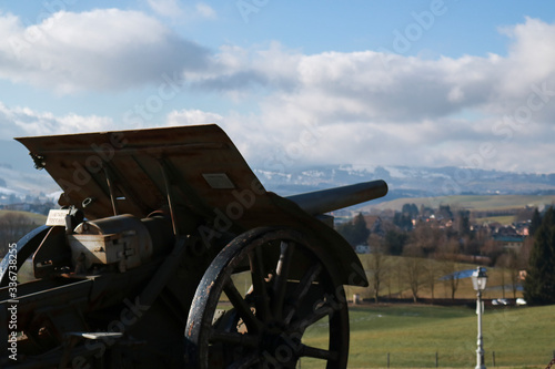 Schilderij op canvas Cannoni posti al di fuori del sacrario militare di Asiago o Santuario del Leiten