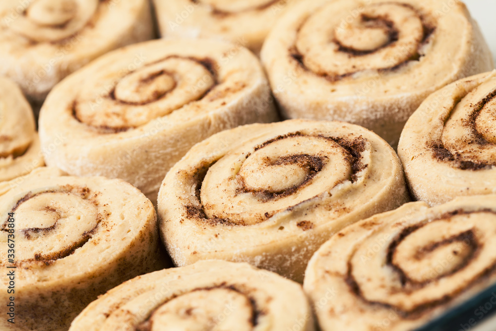 Close up of raw cinnabon rolls ready to bake