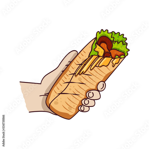Vector chicken, vegetables roll, fast food meal. Doner cebab, shawarma flat cartoon illustration isolated on a white background. Arabic, eastern food, hand drawn image. Buritto, taco - mexican food
