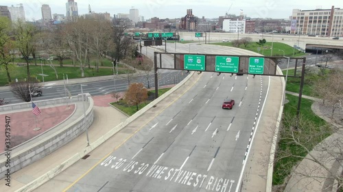 Vine Street, empty highway in Philadelphia, no people, no traffic, Covid quarantine shutdown shelter in place, coronavirus stay at home order, aerial drone footage