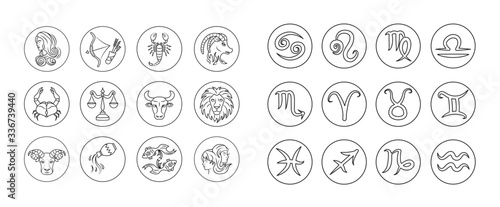 Zodiac signs black line icons set. Astrology. Horoscope. All zodiac signs and elements. Predictions and human character. UI UX GUI design element. Editable stroke.