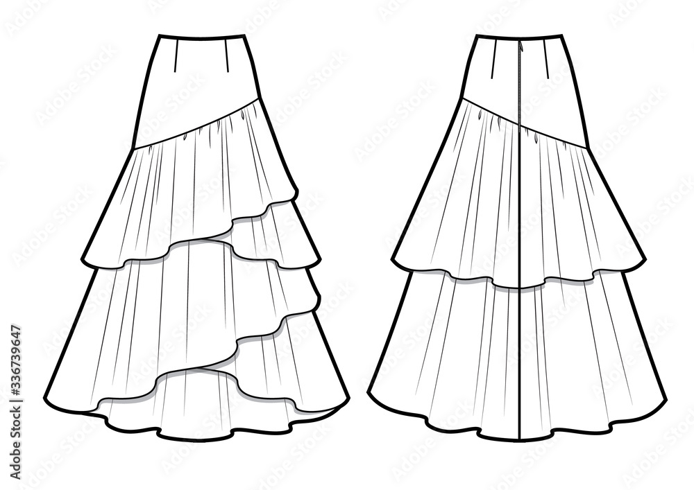 Evening skirt vector template isolated on a white background. Front and back view. Evening skirt vector template isolated on a white background. Front and back view.