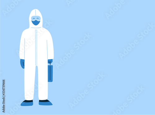 Vector illustration in flat style with empty place for text. Stop novel coronavirus COVID-19 concept. Doctor, medical staff wearing white hazmat suit and mask. Poster, banner, brochure
