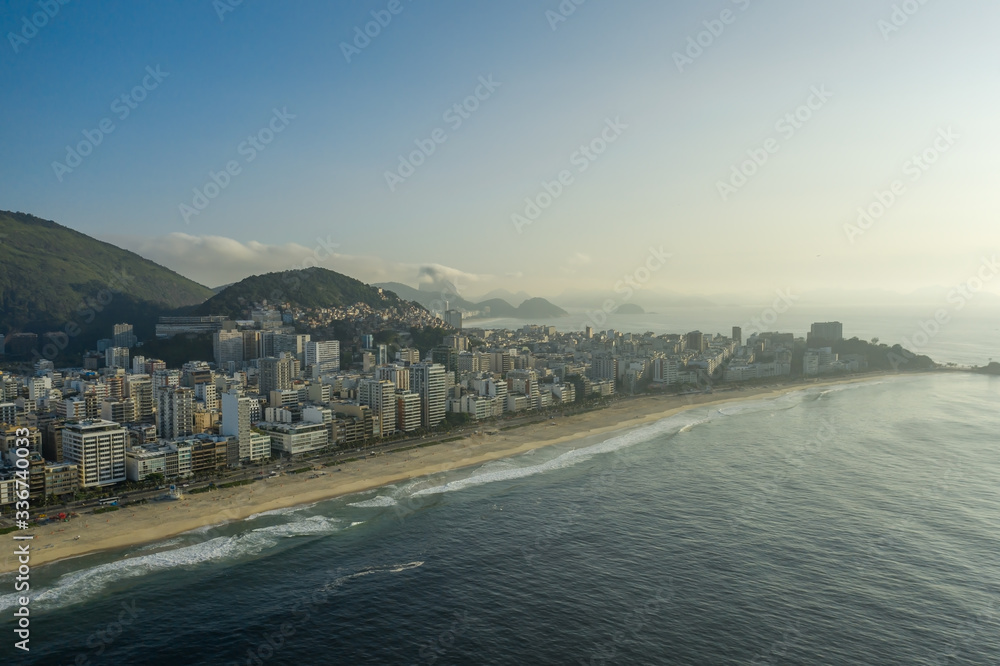 Drone, panoramic shot of Ipanema beach in Rio de Janeiro