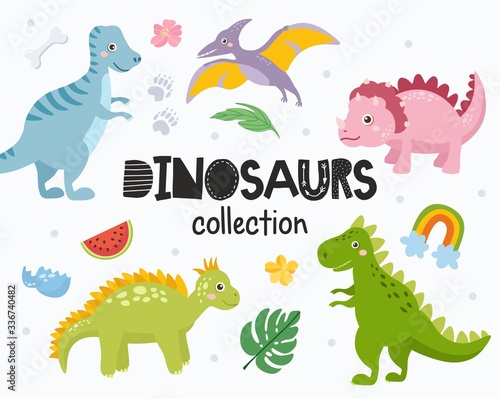 Set of cute dinosaurs isolated on white background. Kids illustration. Funny cartoon Dino collection and prehistoric elements. Tropical leaves  dino eggs  rainbow.