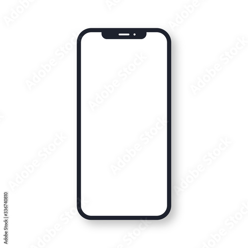 Black slim smartphone with blank white screen. Realistic vector illustration.