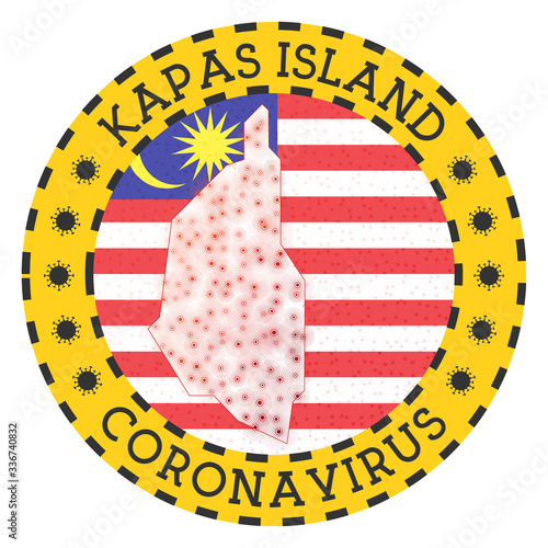 Coronavirus in Kapas Island sign. Round badge with shape of Kapas Island. Yellow island lockdown emblem with title and virus signs. Vector illustration.