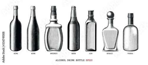 Alcohol drink bottle collection hand draw vintage style black and white clipart isolated on white background