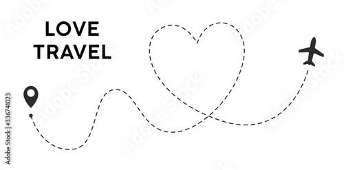 Love airplane route. Romantic travel, heart dashed line trace and plane routes. Hearted airplane path, flight air dotted love valentine day drawing isolated vector illustration