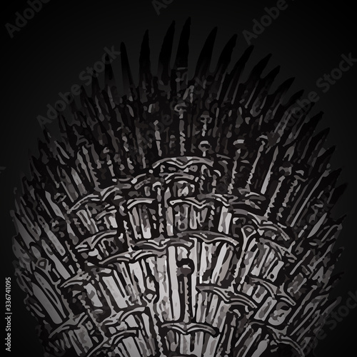 The Swords vintage throne, cold weapons of the Middle Ages and swords or T-shirt design or outwear. Hunting swords of king background.