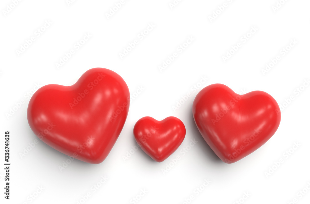 Three hearts symbolizing a happy family consisting of mom, dad and baby. Red hearts on a white background. 3D render illustration with copy space.