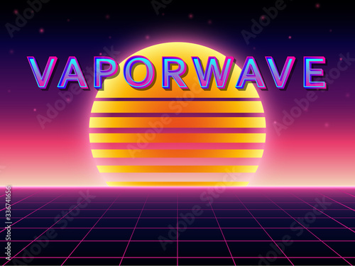 Abstract pastel background with laser grid, planet and text on english and japanese translation "Vaporwave". Vaporwave/ seapunk/ synthpop style.