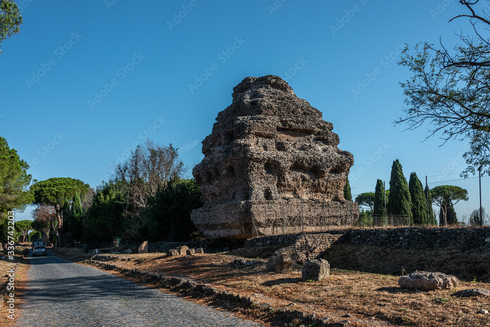 Ruins and tombstones along the via appia antica near rome, italy