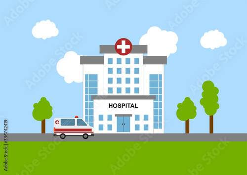 Fototapeta Naklejka Na Ścianę i Meble -  Illustration of medical concept with hospital building and ambulance in flat style. Suitable for infographic resources.