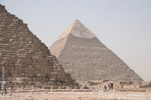 Giza pyramids  next to Cairo in Egypt  Africa. Huge and historic buildings.