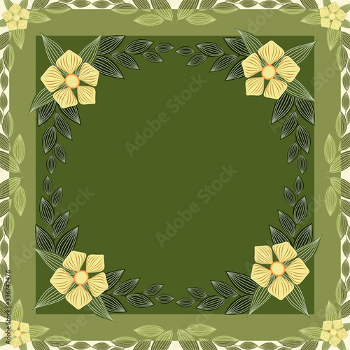 Vector floral pattern in a square, shawl design, frame with place for text in the center, green background, leaves, yellow flower.