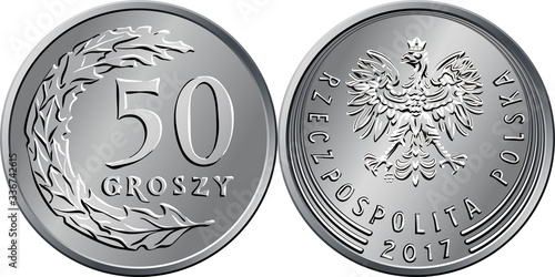 vector Polish Money fifty groszy silver coin reverse with Value and 50 leaves in semicircle shape, obverse with eagle in crown photo