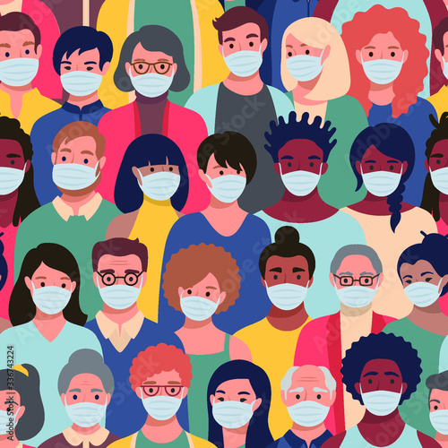 Seamless pattern with people faces in protective masks of different ethnicity and ages. Concept of coronavirus quarantine, air pollution protection repeating background.