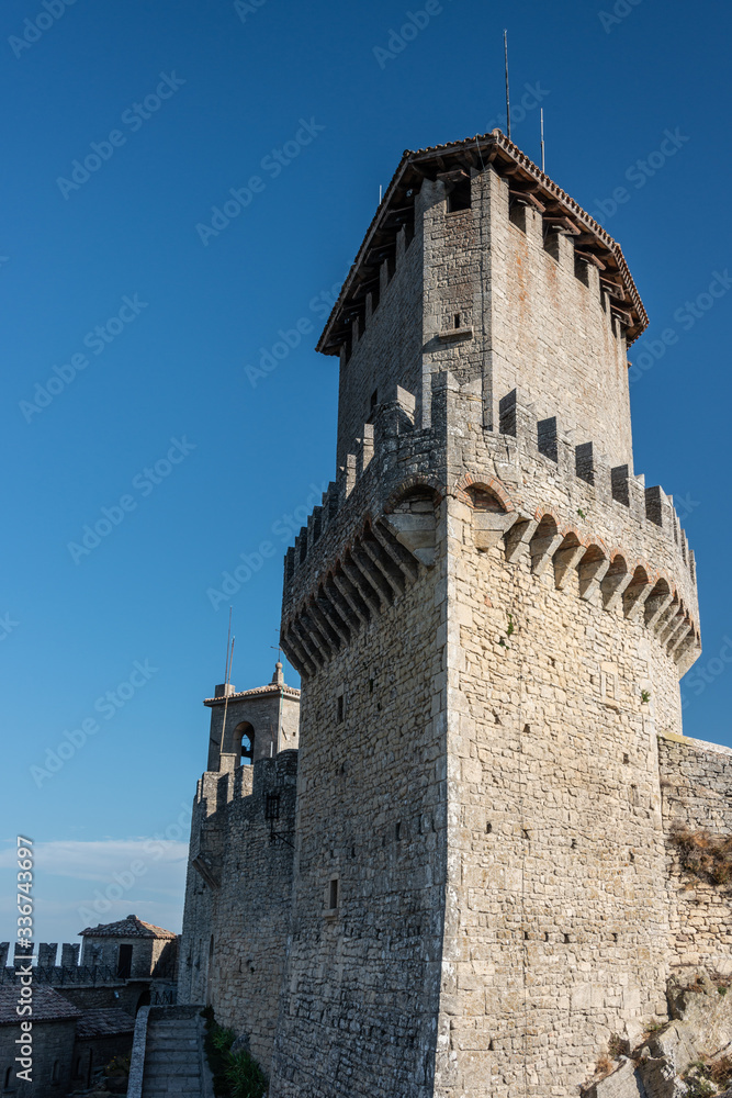 Cesta and The Montale on the cliff edge on Mount Titano. Second Tower. Republic of San Marino inside Italy. Cesta and The Montale on the cliff edge on Mount Titano. Second Tower. Republic of San Marino inside Italy.