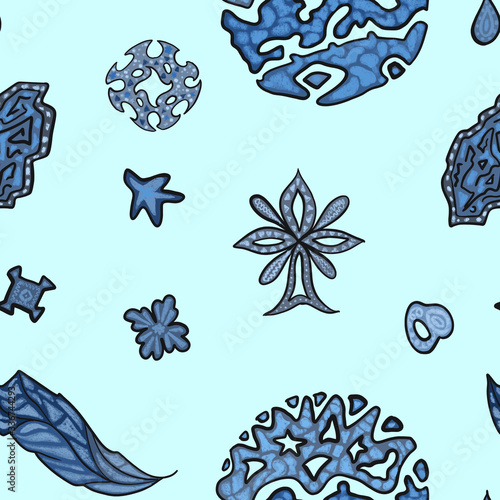 Beautiful ice and metal looking doodles in a seamless pattern on blue background.