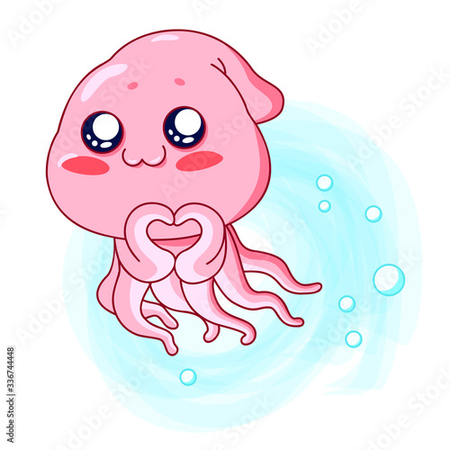 Pink octopus. Vector illustration kawaii cute style.