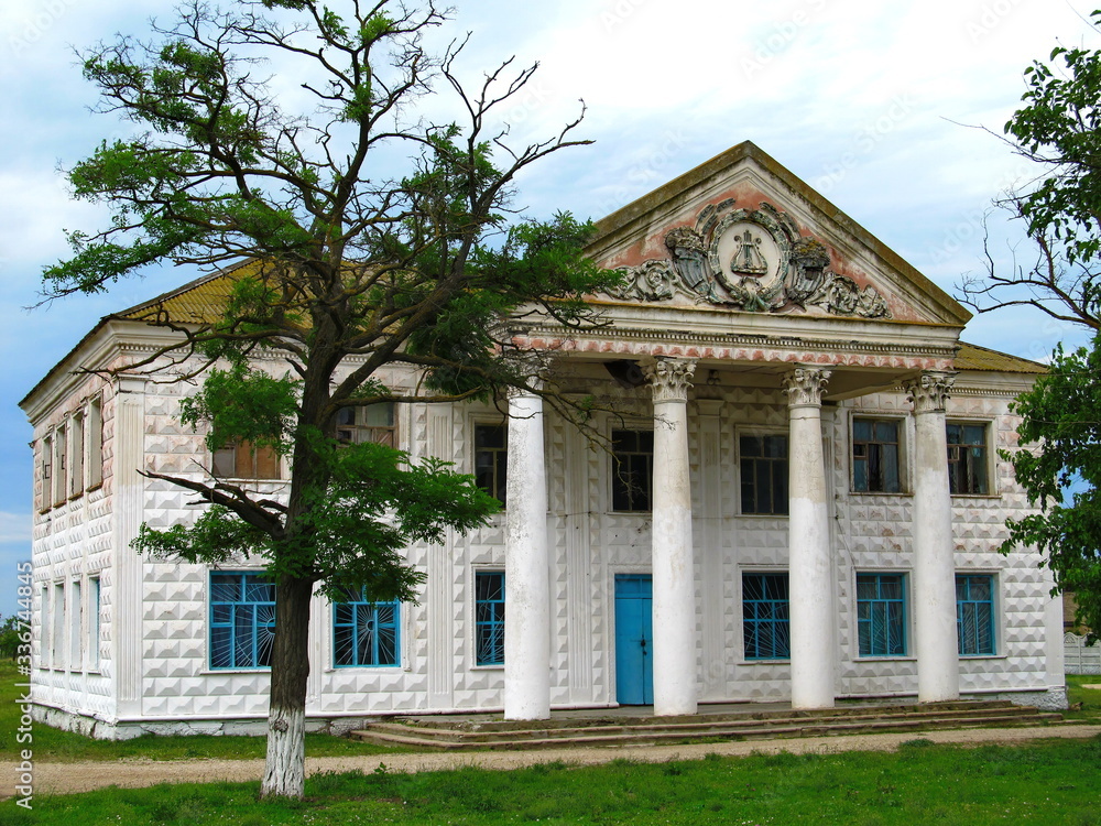 Culture House with columns, mid-20th century building, USSR. Crimean peninsula.