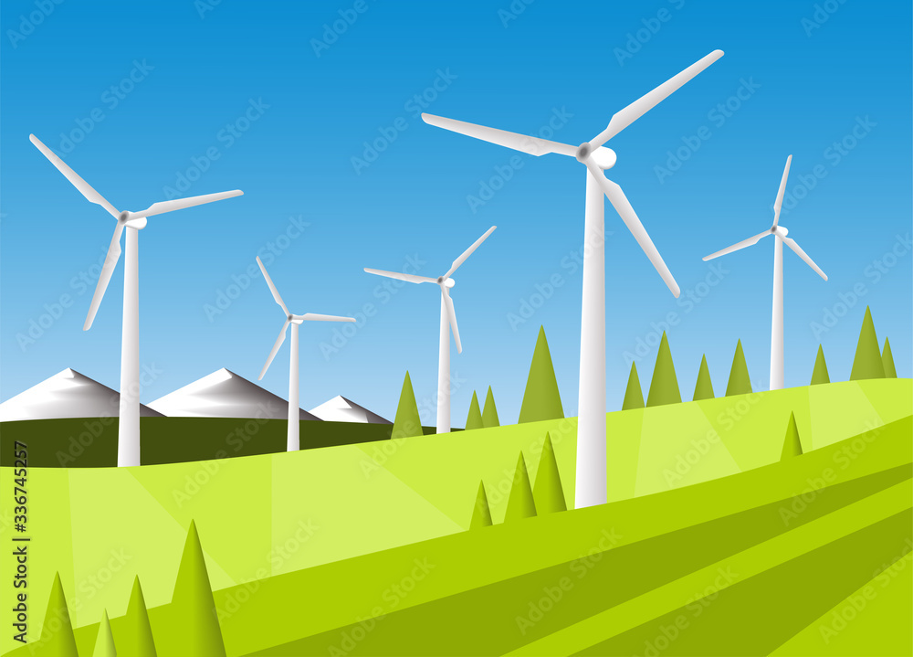 Wind generator and green meadow on a blue sky . Summer rural landscape.