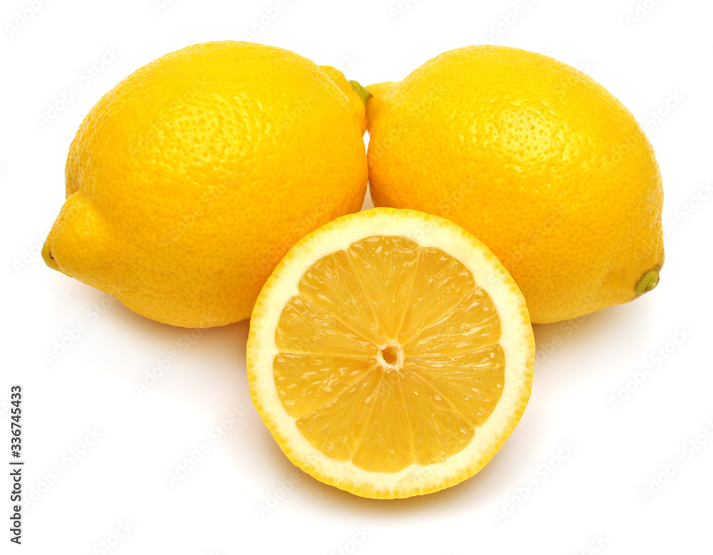 Lemon whole and slice fruit isolated on white background. Perfectly retouched, full depth of field on the photo. Top view, flat lay