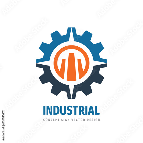 Industrial logo template design. Gear, arrows symbols. Abstract cogwheel concept icon. Idustry manufacture sign. Vector illustration. Technology service. Business development. Plant factory building.