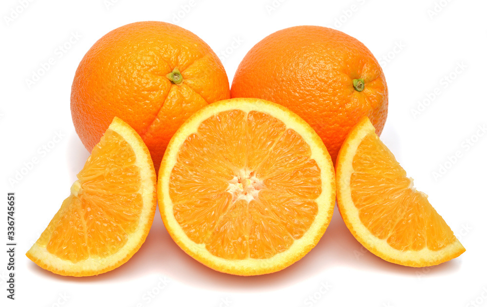 Orange fruit whole and slice isolated on white background. Perfectly retouched, full depth of field on the photo. Creative healthy food concept. Nature, juice. Flat lay, top view