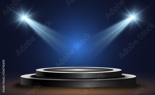 Round podium, pedestal or platform, illuminated by spotlights in the background. Vector illustration. Bright light. Light from above. Advertising place