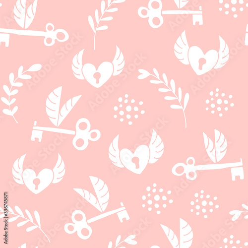 Flying hearts and keys seamless pattern, hand drawn hearts, keys, flowers, leafs, polka dots love background