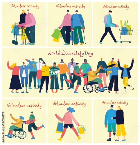Vector background with disabled people, young handycap persons and friends near helping. World Disability Day. Flat cartoon characters.
