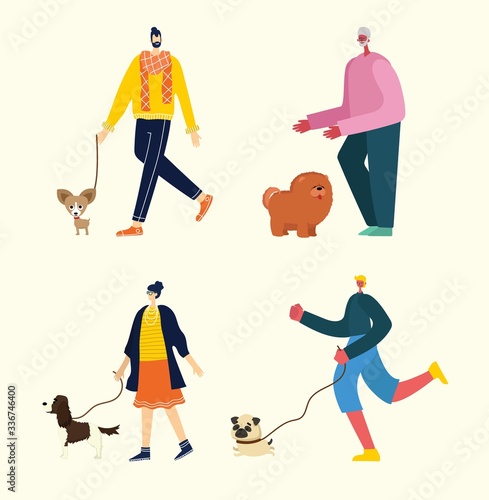 Vector illustration background in flat design of people walking with dog outdoor in the park on weekend