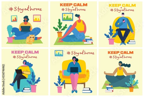 Stay and work at home. Stop coronavirus. People staying at home for prevent virus Covid19 in the flat style