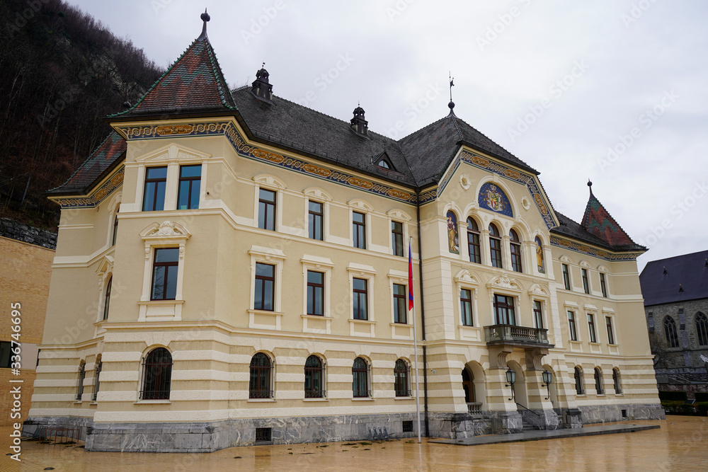 Building of Parliament on the main square of Vaduz in Liechtenstein, December, 2019