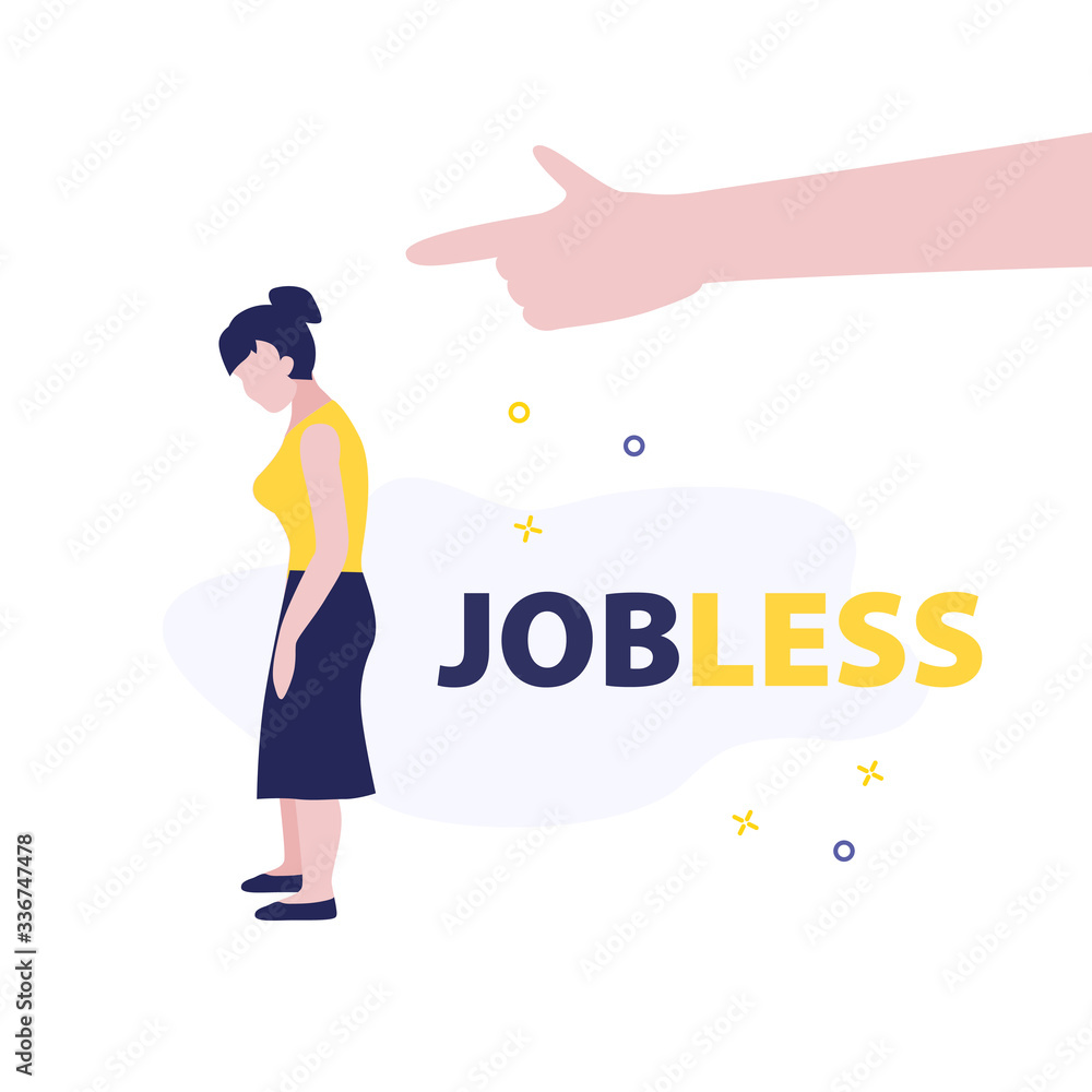 Vector illustration of fired woman in stress and big boss hand pointing on the door. Jobless problem, loose job cause coronavirus. Uneployment person on quarantine Vector illustration of fired woman in stress and big boss hand pointing on the door. Jobless problem, loose job cause coronavirus. Uneployment person on quarantine