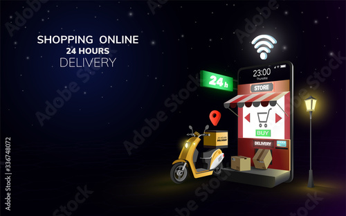 Digital Online Free Global Delivery on Scooter with phone, mobile at night background. concept for 24 hour delivery food shipping. decor by store, box. 3D vector Illustration. flat design. copy space