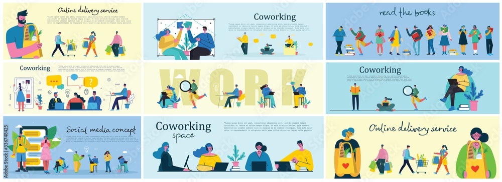 Fototapeta premium Vector illustration working and talking co working center. Team teamwork togetherness collaboration