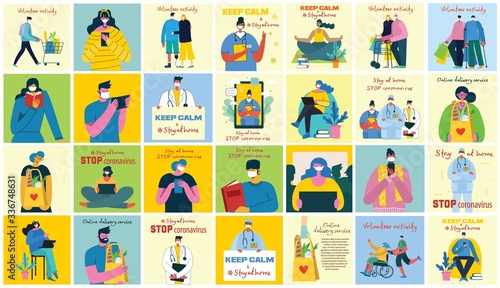 Stay at home. Stop coronavirus. People wearing protective medical mask for prevent virus Covid19 in the flat style