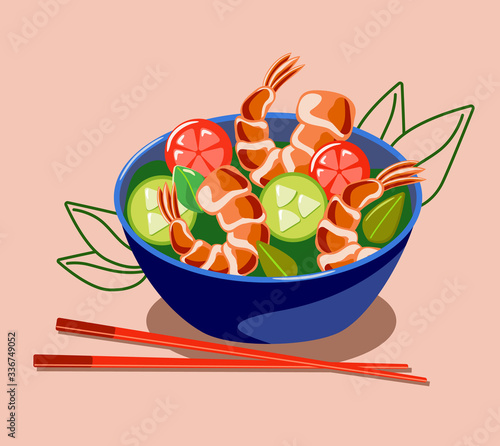 Bowl with salad of cucumbers, shrimp, tomatoes and herbs. Food sticks. Vector flat graphics.