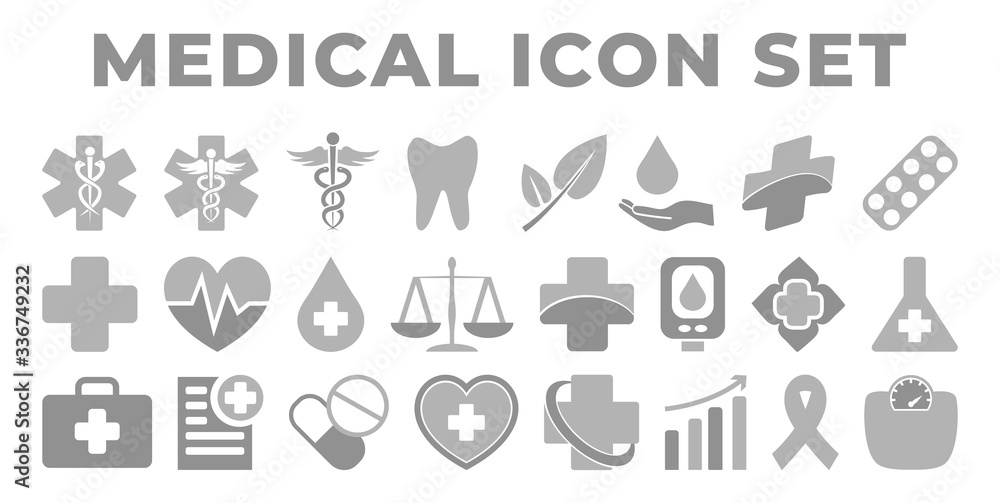 Gray Medical and Health Icon Set with Medicine Icons Gray Medical and Health Icon Set with Medicine Icons