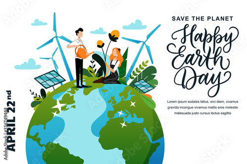 Happy Earth Day banner or poster. Vector characters illustration and calligraphy lettering. People care for plants