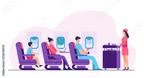 Air trip with comfort flat vector illustration. Passengers waiting for airline meal. People travelling by plane and sitting near airplane window. Airline, tourism and journey concept.