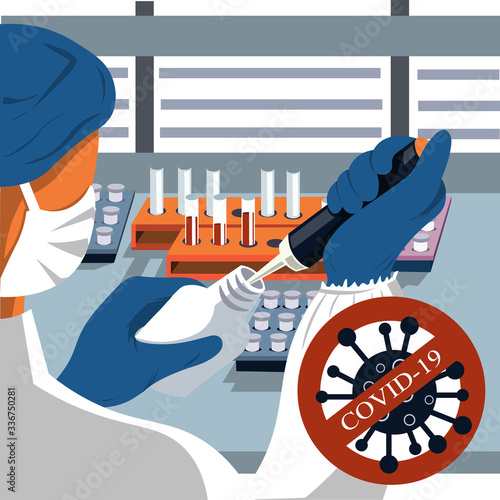A scientist creates a vaccine against diseases in laboratories. Coronavirus, pandemic, treatment