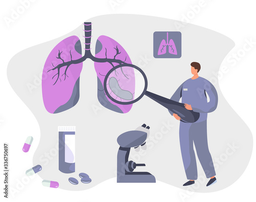 Doctor with Magnifying Glass Examines Huge Lungs with Pathogen Microbes. Doctor Check Tuberculosis or Pneumonia Lung. 
Microscope, Capsule, Drug, Fluorography on background. Flat Vector Illustration