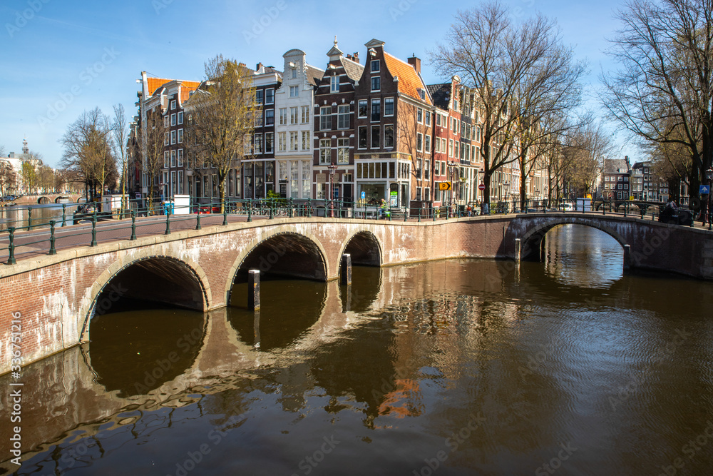 Typical facade fronts of ancient houses in Amsterdam at the keizersgracht, the probably most famous view -reflecting in the water shot with a wide angle lens