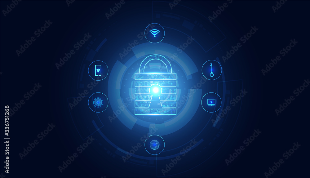 Abstract Cyber security with padlock blue circle icon technology Future cyber background. Abstract Cyber security with padlock blue circle icon technology Future cyber background.