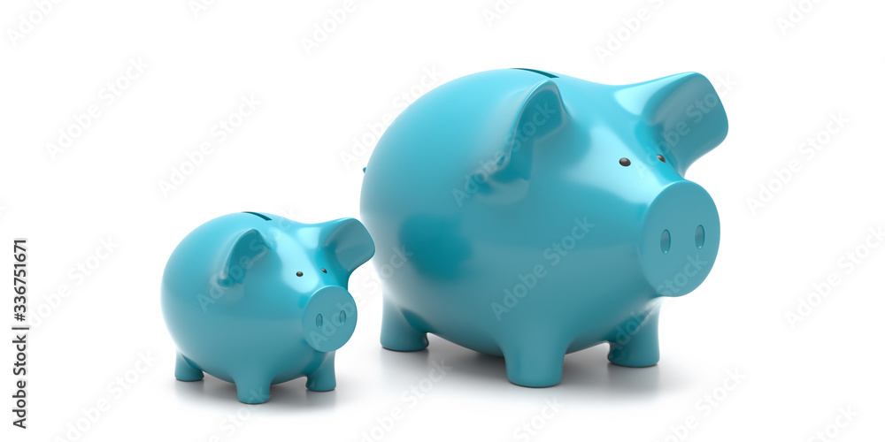 Piggy bank little and large, blue color isolated against white background. 3d illustration Piggy bank little and large, blue color isolated against white background. 3d illustration