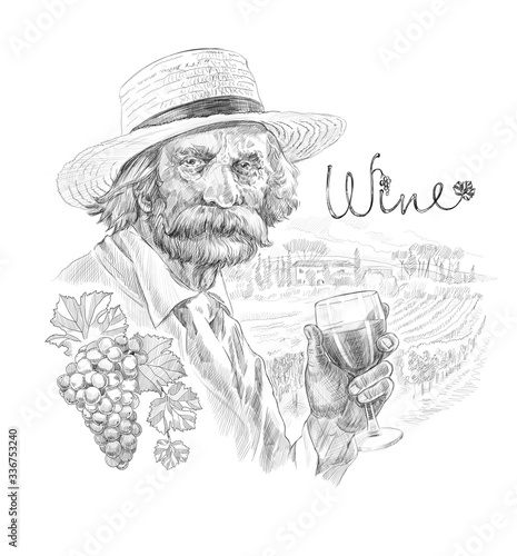 sketch of old winemaker on white background. engraving or drawing.